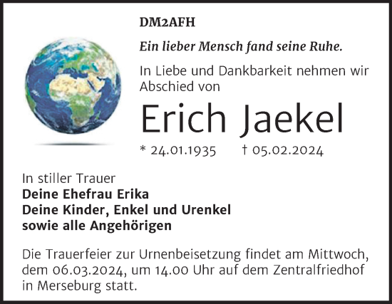 Traueranzeige von Erich Jaekel von Trauerkombi Merseburg