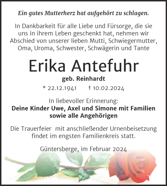 Traueranzeige von Erika Antefuhr von Trauerkombi Quedlinburg