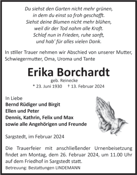 Traueranzeige von Erika Borchardt von Volksstimme Halberstadt