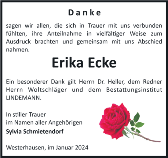 Traueranzeige von Erika Ecke von Trauerkombi Quedlinburg