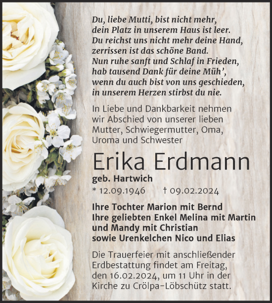 Traueranzeige von Erika Erdmann von Naumburger Tageblatt