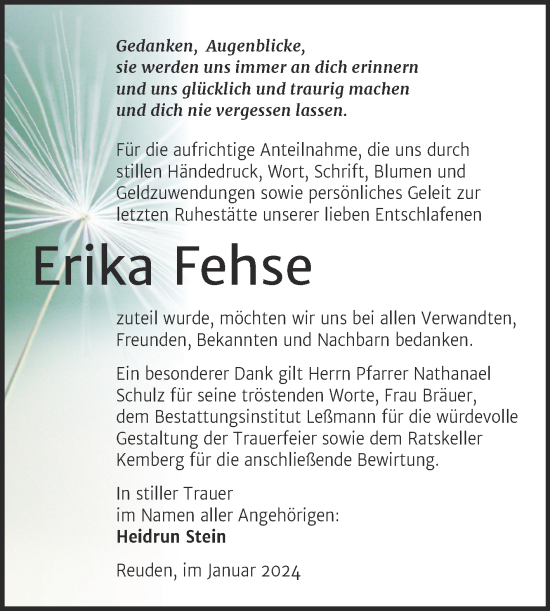 Traueranzeige von Erika Fehse von Trauerkombi Wittenberg