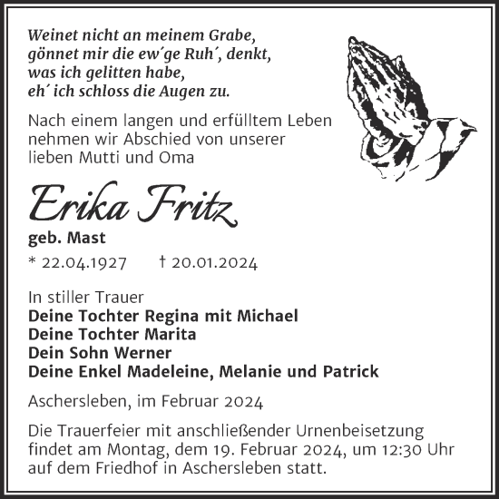Traueranzeige von Erika Fritz von Trauerkombi Aschersleben