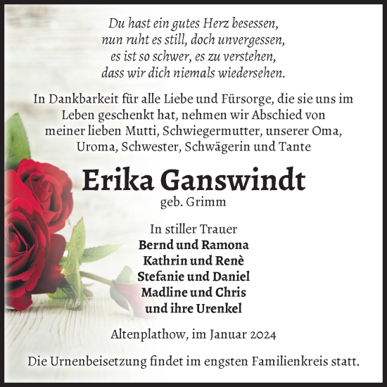 Traueranzeige von Erika Ganswindt von Volksstimme Burg/Genthin