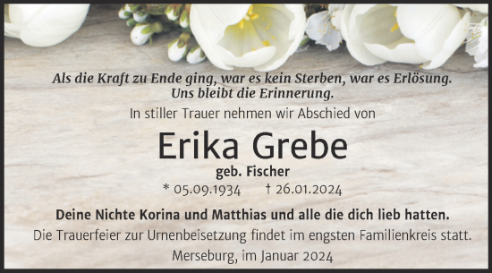 Traueranzeige von Erika Grebe von Trauerkombi Merseburg