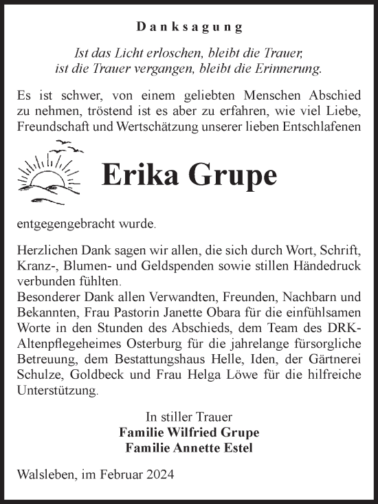 Traueranzeige von Erika Grupe von Volksstimme Altmark Ost