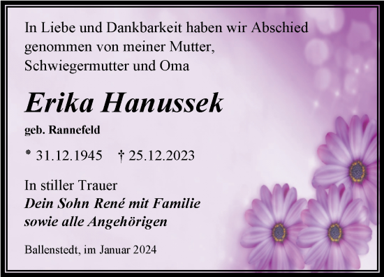 Traueranzeige von Erika Hanussek von Trauerkombi Quedlinburg