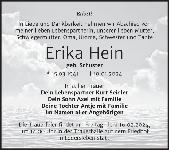 Traueranzeige von Erika Hein von Trauerkombi Merseburg
