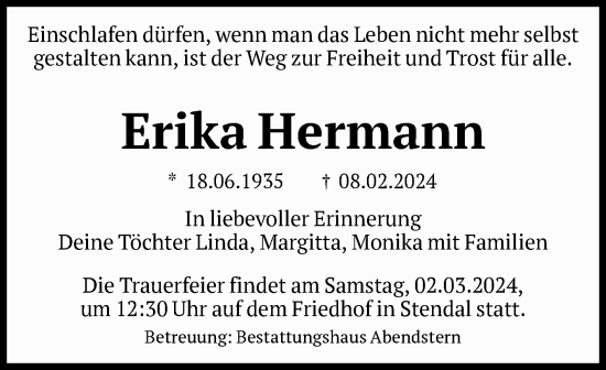 Traueranzeige von Erika Hermann von Volksstimme Altmark Ost