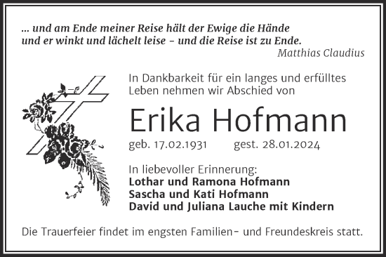 Traueranzeige von Erika Hofmann von Super Sonntag Merseburg/Querfurt