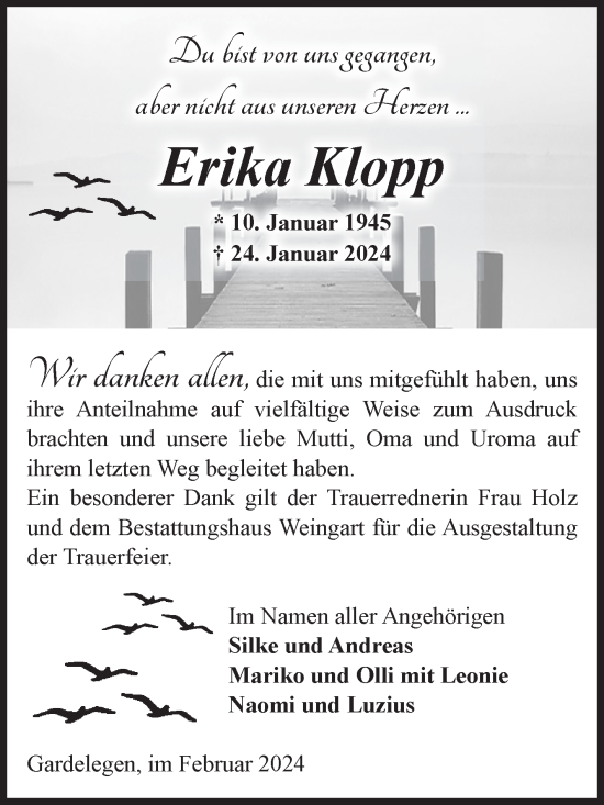 Traueranzeige von Erika Klopp von Volksstimme Altmark West