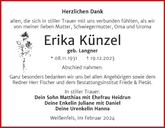 Traueranzeige von Erika Künzel von Super Sonntag Weißenfels