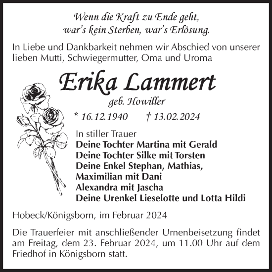 Traueranzeige von Erika Lammert von Volksstimme Burg/Genthin