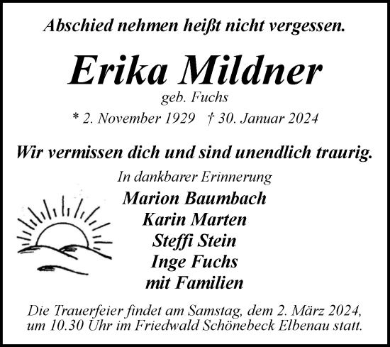 Traueranzeige von Erika Mildner von Volksstimme Magdeburg