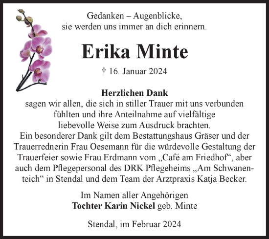 Traueranzeige von Erika Minte von Volksstimme Altmark Ost