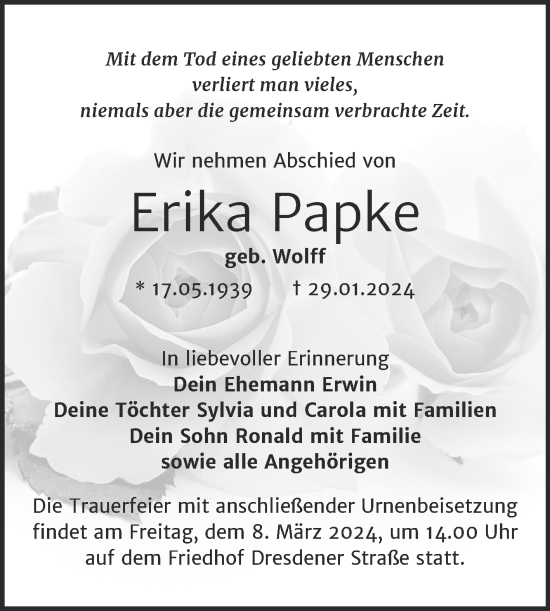 Traueranzeige von Erika Papke von Trauerkombi Wittenberg