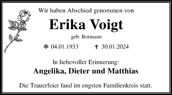 Traueranzeige von Erika Voigt von Volksstimme Staßfurt