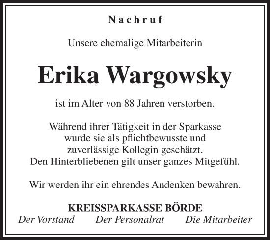 Traueranzeige von Erika Wargowsky von Volksstimme Oschersleben/Wanzleben
