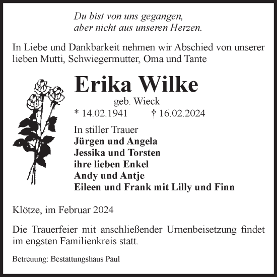 Traueranzeige von Erika Wilke von Volksstimme Altmark West