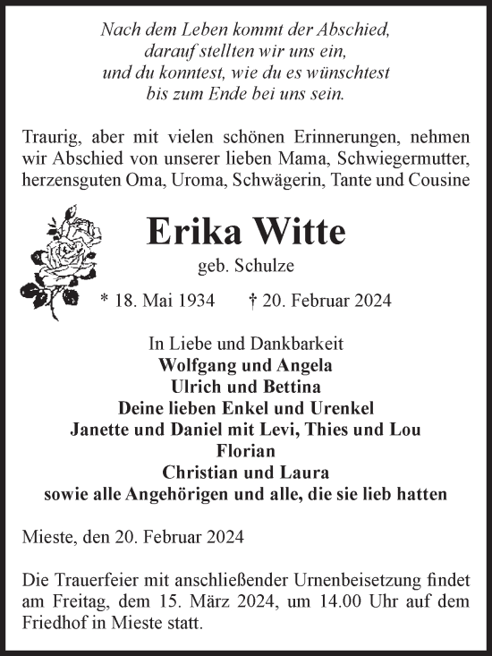 Traueranzeige von Erika Witte von Volksstimme Altmark West