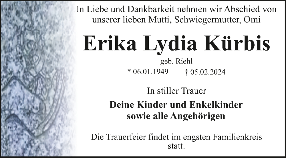  Traueranzeige für Erika Lydia Kürbis vom 17.02.2024 aus Trauerkombi Dessau