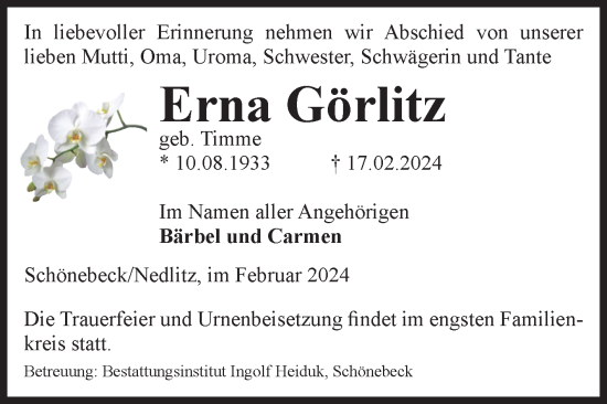 Traueranzeige von Erna Görlitz von Volksstimme Burg/Genthin