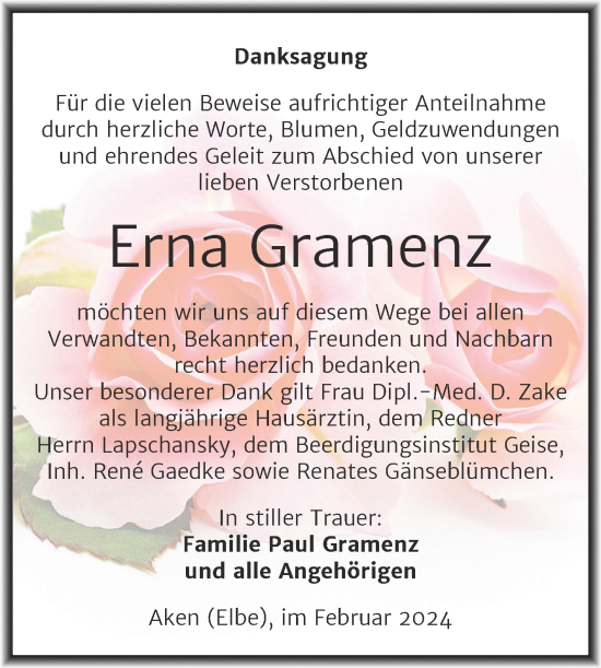 Traueranzeige von Erna Gramenz von Trauerkombi Köthen