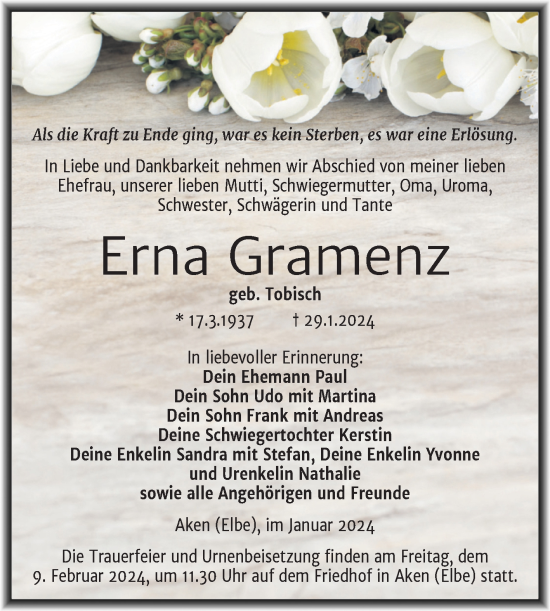 Traueranzeige von Erna Gramenz von Mitteldeutsche Zeitung Köthen