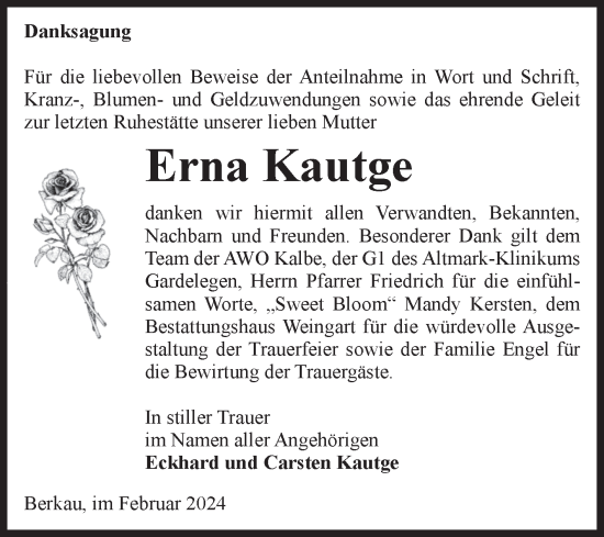 Traueranzeige von Erna Kautge von Volksstimme Altmark Ost