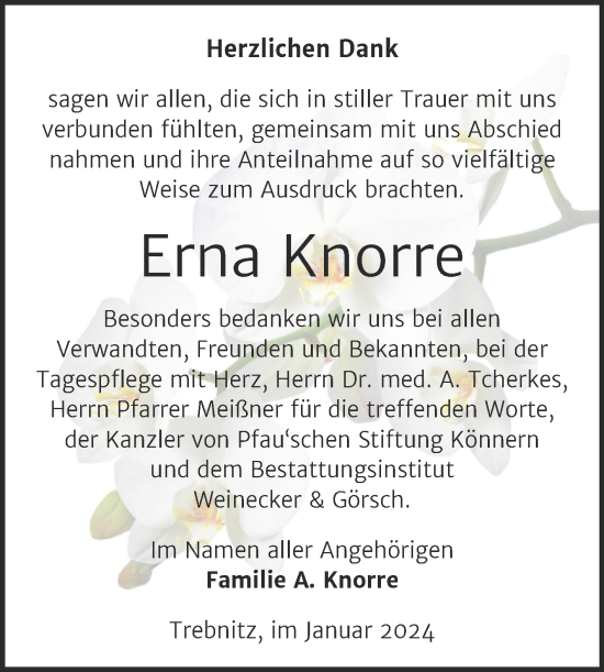 Traueranzeige von Erna Knorre von Trauerkombi Bernburg