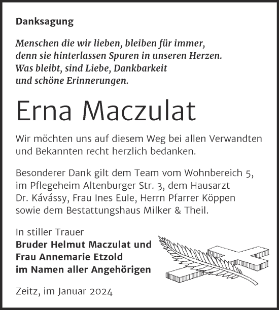 Traueranzeige von Erna Maczulat von Trauerkombi Zeitz