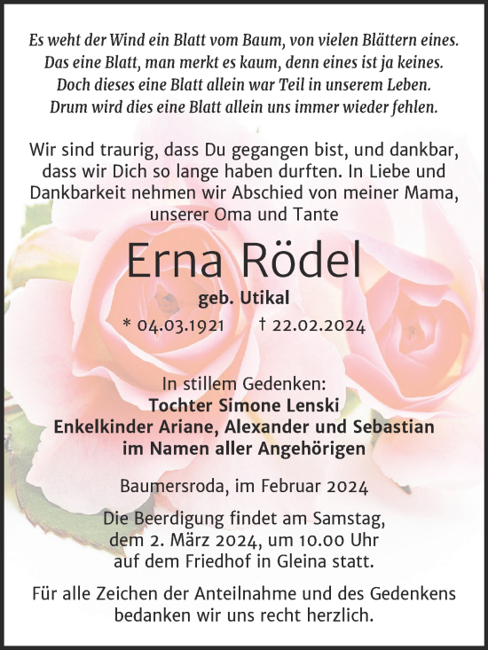 Traueranzeige von Erna Rödel von Naumburger Tageblatt