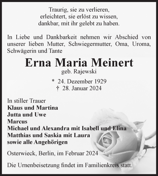 Traueranzeige von Erna Maria Meinert von Volksstimme Halberstadt