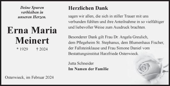 Traueranzeige von Erna Maria Meinert von Volksstimme Halberstadt
