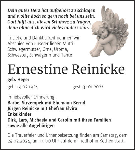 Traueranzeige von Ernestine Reinicke von Trauerkombi Köthen