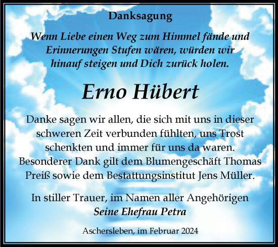 Traueranzeige von Erno Hübert von Trauerkombi Aschersleben