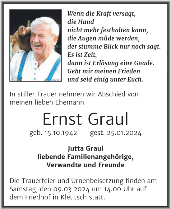 Traueranzeige von Ernst Graul von Trauerkombi Dessau