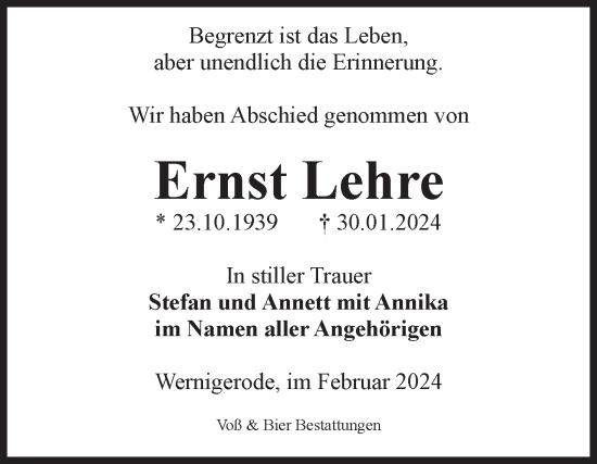 Traueranzeige von Ernst Lehre von Volksstimme Wernigerode