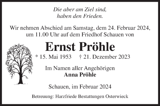 Traueranzeige von Ernst Pröhle von Volksstimme Halberstadt