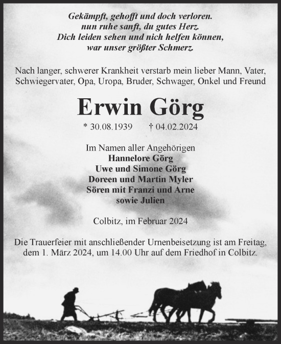 Traueranzeige von Erwin Görg von Volksstimme Haldensleben/Wolmirstedt