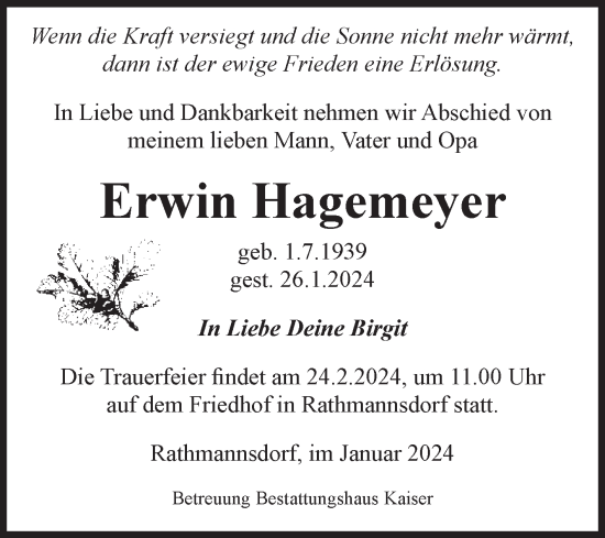 Traueranzeige von Erwin Hagemeyer von Volksstimme Staßfurt
