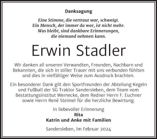 Traueranzeige von Erwin Stadler von Trauerkombi Mansfelder Land