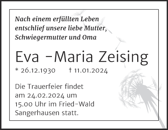 Traueranzeige von Eva-Maria Zeising von Super Sonntag Sangerhausen
