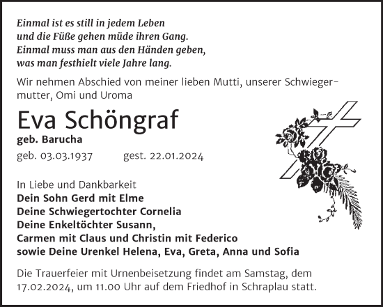 Traueranzeige von Eva Schöngraf von Trauerkombi Merseburg