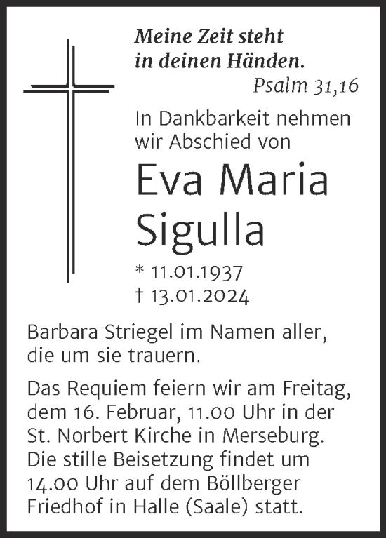 Traueranzeige von Eva Maria Sigulla von Trauerkombi Merseburg