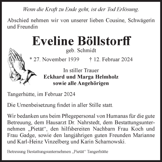 Traueranzeige von Eveline Böllstorff von Volksstimme Altmark Ost