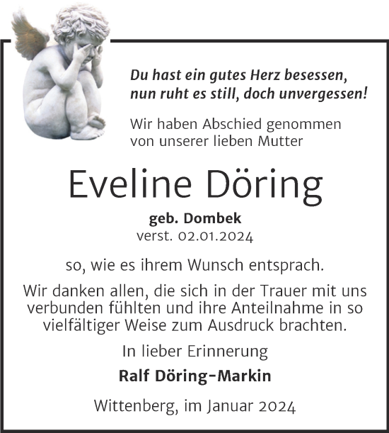 Traueranzeige von Eveline Döring von Trauerkombi Wittenberg