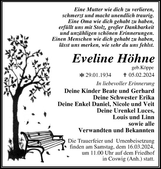 Traueranzeige von Eveline Höhne von Trauerkombi Wittenberg