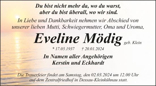 Traueranzeige von Eveline Mödig von Trauerkombi Dessau