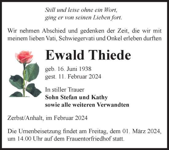 Traueranzeige von Ewald Thiede von Volksstimme Zerbst